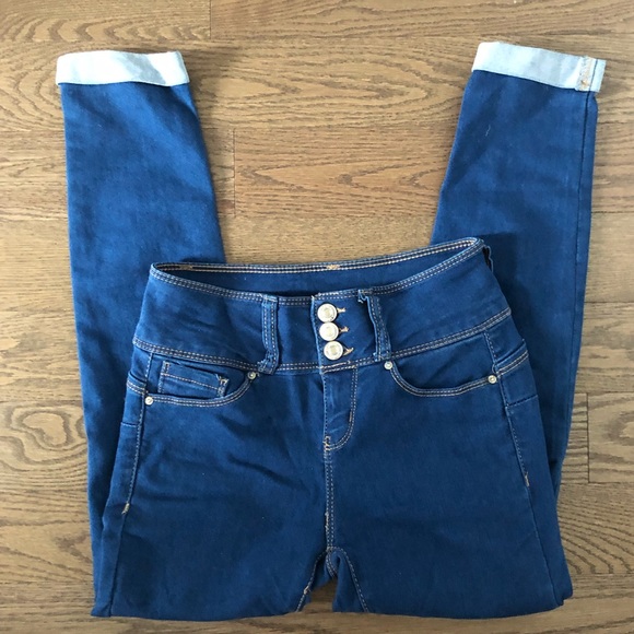 Forever 21 Denim Rolled Cuff Skinny Ankle Cropped Jeans High Waist Solid Blue - Picture 2 of 8